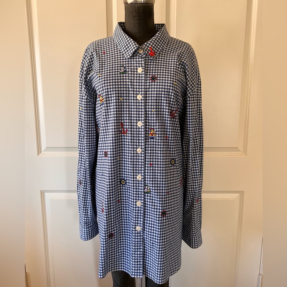 Teddi 3X Blue Gingham Nautical Embroidered Shirt Dress Tunic